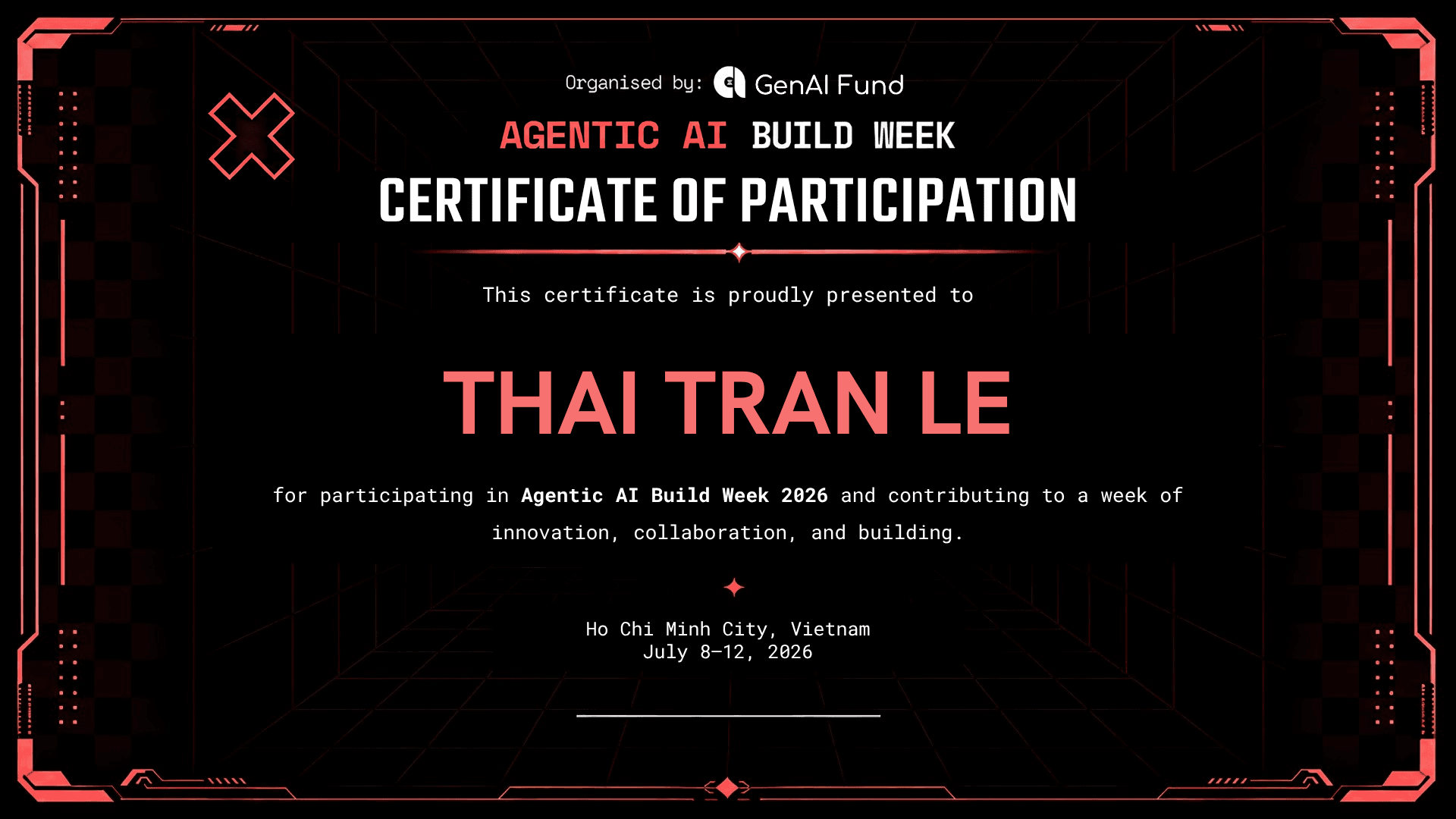 Certificate of participation awarded to Thai Tran Le for Agentic AI Build Week 2026
